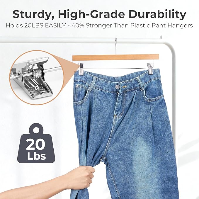 HOUSE DAY Premium Wooden Pants Hangers 100 Pack, Solid Lotus Wood Skirt Hangers with 2-Adjustable Clips, Heavy Duty & Anti Slip Wood Bottom Hanger for Slacks, Jeans, Trousers, Shorts (Natural)