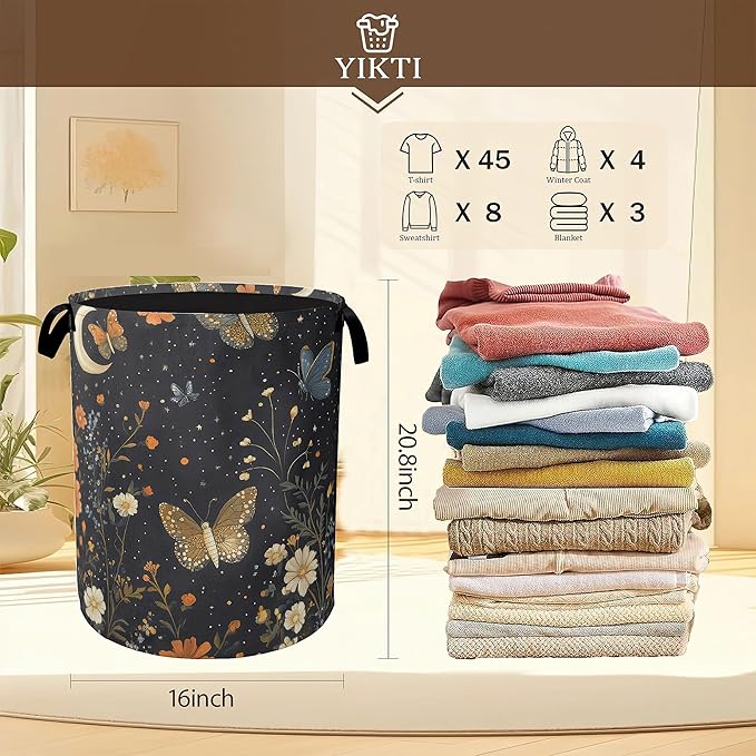 Rustic Wildflower Butterfly Laundry Hamper,Gothic Garden Moon Collapsible Laundry Baskets,Waterproof Oxford Cloth Laundry Room Organization for Bedroom,Bathroom,Nursery,16x20 Inch