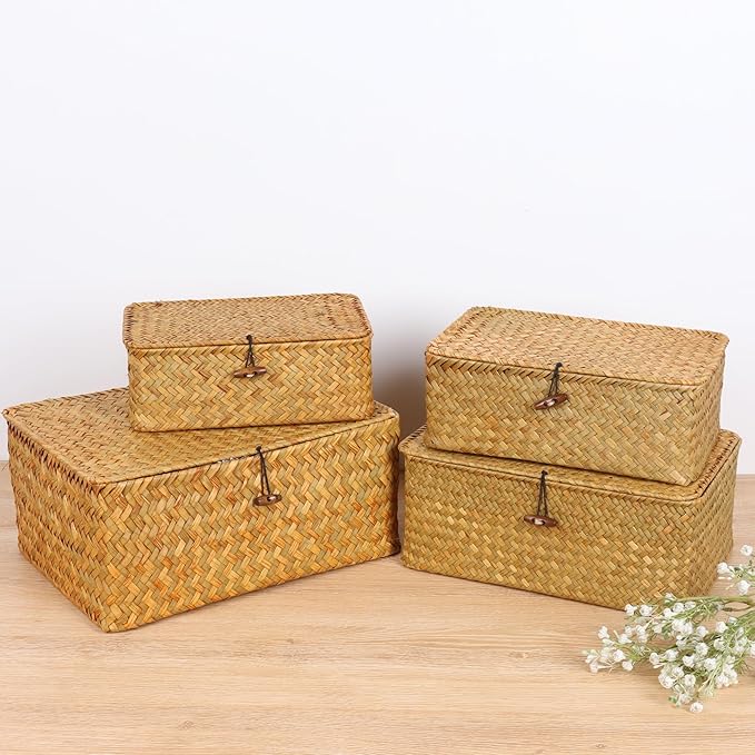 FEIALNDUO Wicker Shelf Baskets with Lid,Seagrass Storage Basket Bins Rectangular Handwoven Basket Boxes for Shelves Desktop Home Organizer (Natural, X-Small)