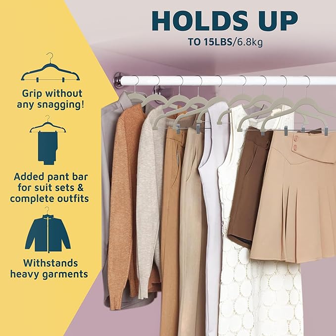 Lifemaster Velvet Skirt Hangers – with Adjustable Clips, 360 Degree Swivel Hook, and Non-Slip Shoulder Notch, Holds Up to 10 lbs, for Organizing Skirt, Pants, Dress, and Clothes, Pack of 50, Ivory