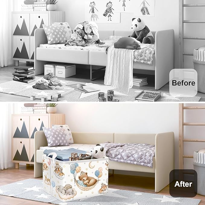 Sleeping Animals Baby Laundry Hamper Collapsible Clothes Kids Storage Basket Large Boys Girls Gift Toy Box Bin for Nursery, Bear, 36L