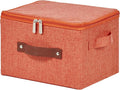 Storage Bins with Zipper Lid Cotton Linen Fabric Lidded Storage Baskets Boxes Foldable Washable Closet Shelf Clothes Organizer Container with PU Leather Handles (Orange, Small)