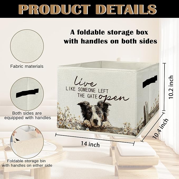 Border Collie Gifts Storage Bins with Handles, Rustic Farmhouse Dog Foldable Basket for Organizing, Live Like Someone Left the Gate Open Collapsible Storage Basket for Bedroom Bathroom 630-snh