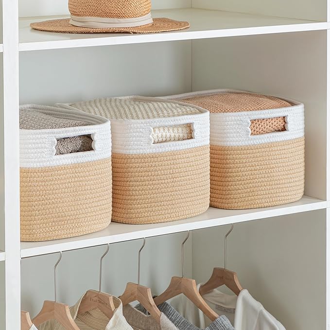 UBBCARE 2 Pack Storage Baskets for Organizing, Shelf Baskets with Handles, Woven Storage Baskets for Bookcase/Cube Shelf/Closet, 14.5"L x 9.8"W x 9"H, White&Brown
