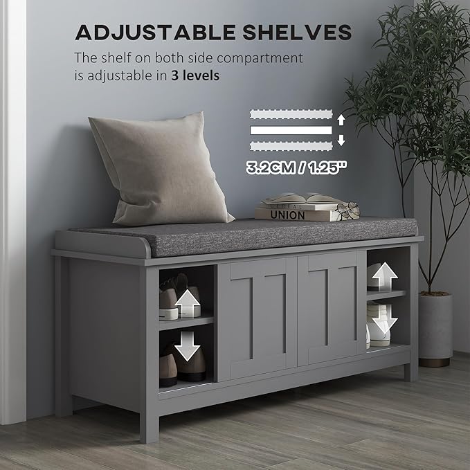 HOMCOM Entryway Shoe Bench Storage Ottoman with Sliding Doors, Adjustable Shelving, 6 Compartments, and Padded Seat, Holds 10 Pairs, Gray
