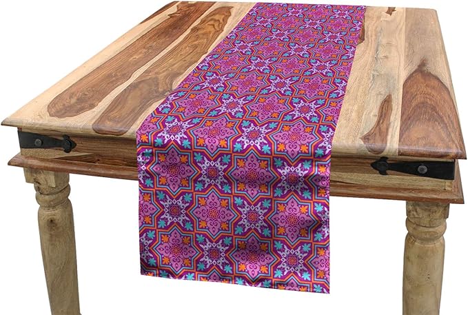 Lunarable Orient Inspired Art Table Runner, Nature Blossom Motif Geometric Shapes Swirled Composition Star Shape, Dining Room Kitchen Rectangular Runner, 16" X 90", Multicolor