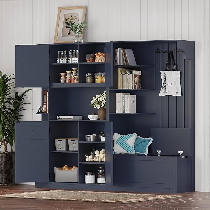 66" H Hall Tree with 4 Hooks, Open Shelving and Flip Hidden Shelf, Multifunctional Left-Right Combination Coat Rack (can be Used Separately), Entryway Bench for Living Room, Hallway (Antique Blue/35)