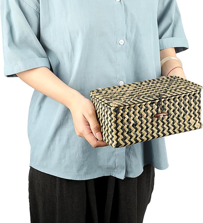 Hipiwe X-small Wicker Basket with Lid Natural Seagrass Storage Baskets Box Handwoven Household Organizer Box Multipurpose Woven Storage Basket for Shelf Closet,Black