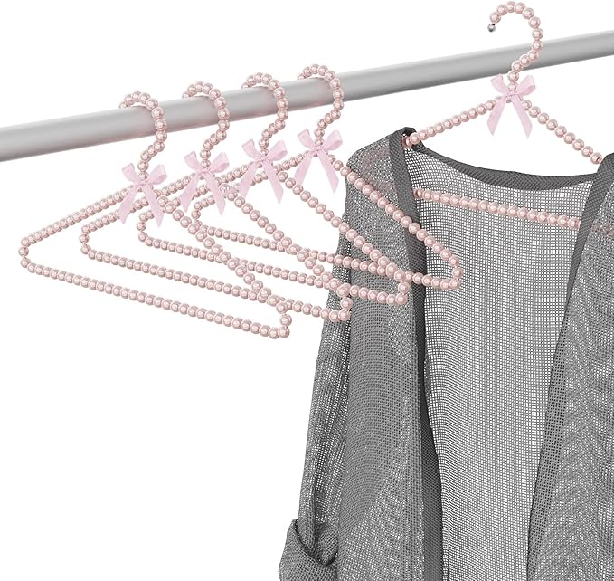 Linkidea 5 Packs Faux Pearl Beaded Clothes Hangers, Elegant Clothes Dress Wedding Shop Pants Hanger, Closet Coat Storage Organizer Standard Hangers (Pink)
