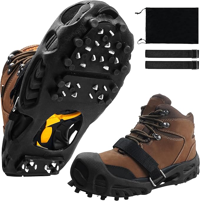 Ice Snow Cleats for Shoes and Boots Non Slip Crampons Ice Shoes Grippers 28 Studs Walk Traction Cleats for Women Men with Adjustable Straps for Hiking Walking Ice Fishing
