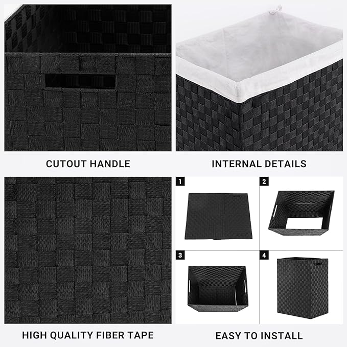 YOUDENOVA Handwoven Laundry Basket Hamper with Removable Liner Bag and Lid, Collapsible Clothes Hamper with Handle, Black