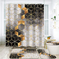 4Pcs Black Gradient Shower Curtain Set,Black Marbling Golden Cubic Lines Bathroom Set Texture Modern Art Bath Accessories with Mats