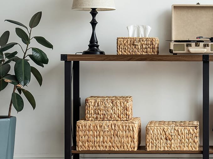 StorageWorks Large Water Hyacinth Baskets for Organizing, Wicker Basket with Lid for Shelves, Storage Basket with Lid and Built-in Handles, 1 Pack