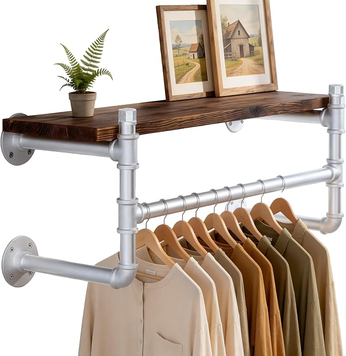 WEBI Wall Mounted Clothes Rack with Shelf,27" Industrial Pipe Clothing Rack with Shelf with Hanging Rod,Heavy Duty Iron Garment Rack Bar,Retail Display Clothes Rod for Laundry Room,Closet,Silver