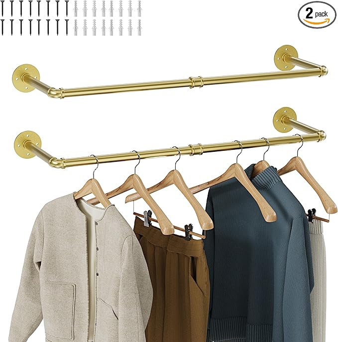 Wall Mounted Clothes Rack 2 Pack, Industrial Pipe Clothing Rack 32 Inch Gold, Wall Clothes Hanger for Bedroom, Cloakroom, Closet, Hallway, Boutique Display, Drying Racks Wall-Mount for Laundry