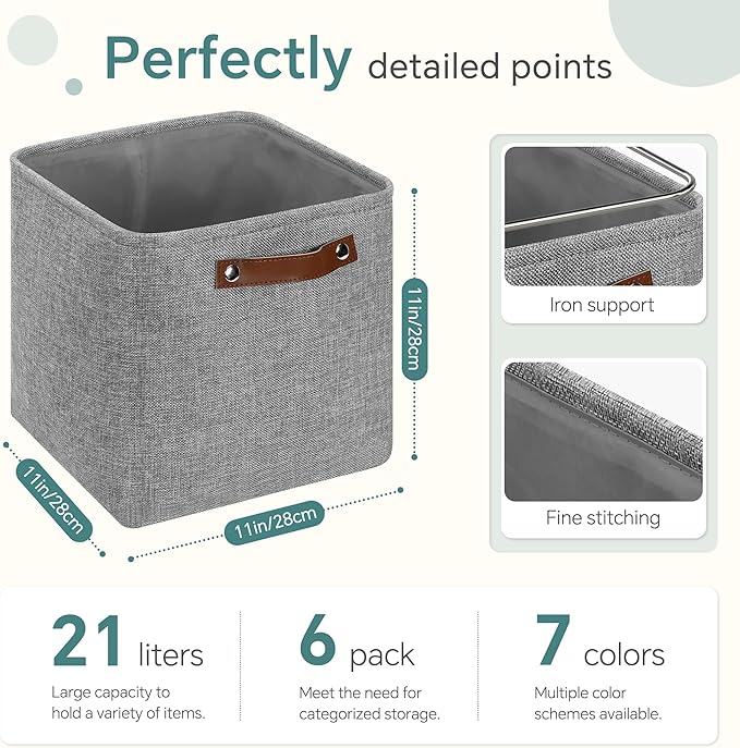 Cube Storage Baskets 6 Pack, 11x11 inch Cube Storage Bins with Leather Handles for Shelf Closet (Gray)