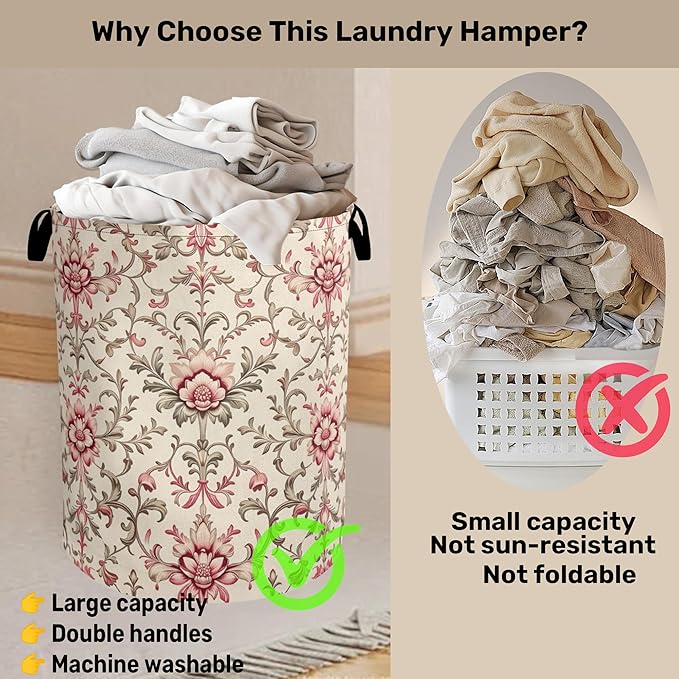 Vintage Floral Patterns Laundry Basket - Heavy Duty 60L Dirty Clothes Organizer, Water Resistant Foldable Hamper for Men Women