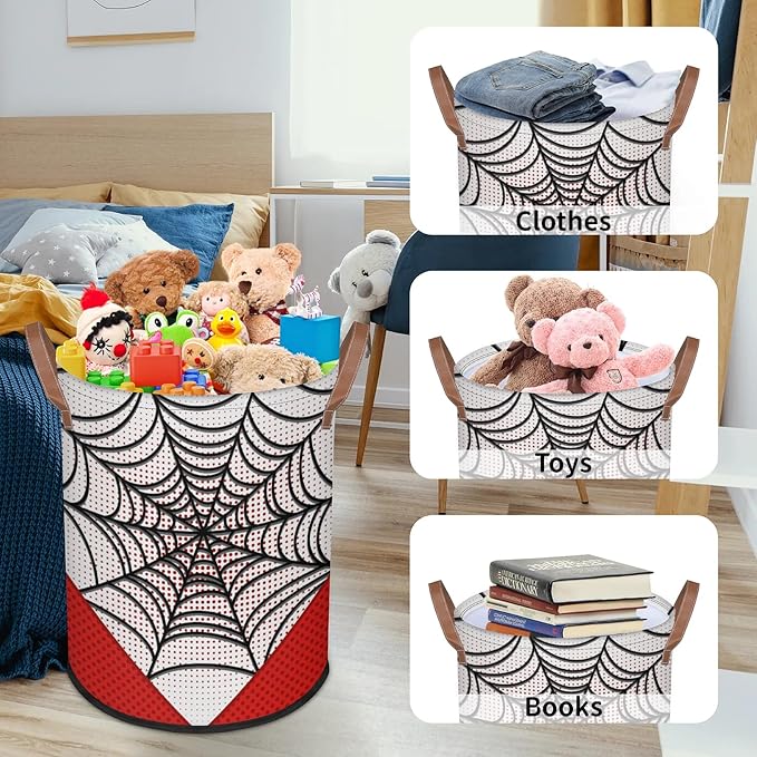 Large Laundry Hamper Basket White Spider Web Round Collapsible Storage Organizer Bin for Kids Room, Boys, Nursery, Closet, Bedroom, Playroom, Toys, Dirty Clothes, 16"W x 20"H