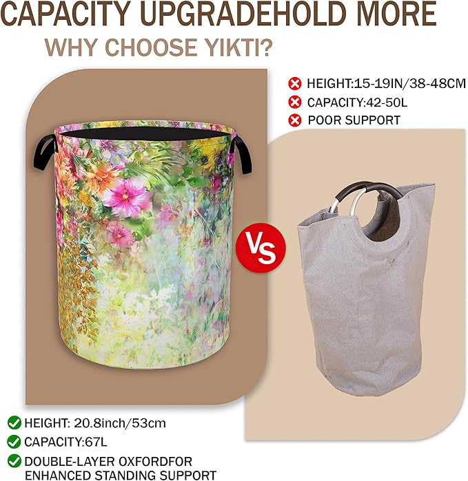Laundry Hamper,Spring Flowers Laundry Basket,Colorful Floral Portable Collapsible Laundry Room Organization Storage for Dorm Room,Nursery,Bathroom,Bedroom,16x20 Inch