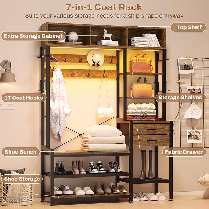 Itaar Hall Tree with Bench and Shoe Storage, 7-in-1 Entryway Bench with Coat Rack, 3 Storage Cubbies, 3 Open Shelves, 17 Coat Hooks, 2 Fabric Drawers (Rustic Brown)