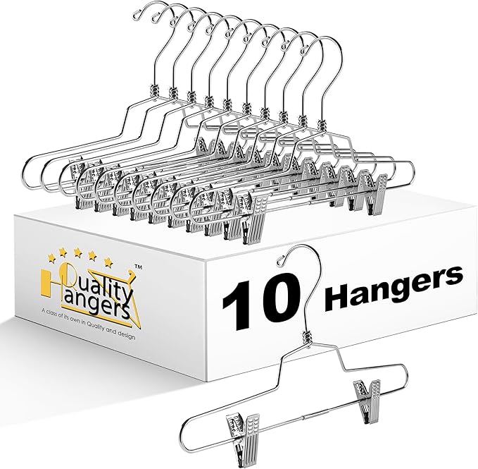 Quality Metal Skirt Hangers with Clips Space Saving - Pant Hangers with Clips & 360° Swivel Hook - Anti-Rust, Heavy-Duty Stainless Steel Hangers for Shorts, Jeans, Trousers, and More (10, 14 inch)