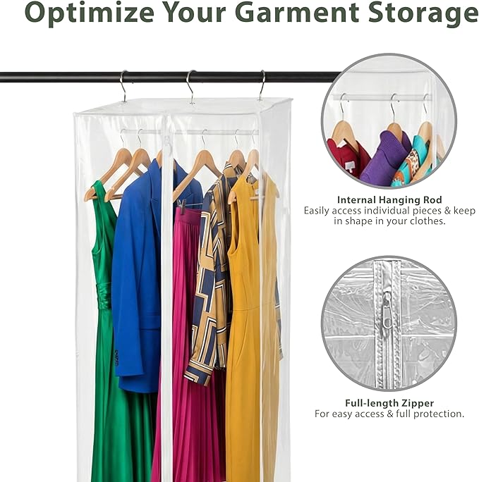Garment Bag - Clear Hanging Closet Organizer - Durable Zippered Cover with Rod Protects Dresses, Suits, and Jackets from Dust and Moist- Top Metal Frame to Keep All Your Stuff in Shape- 60" x 20" x 15