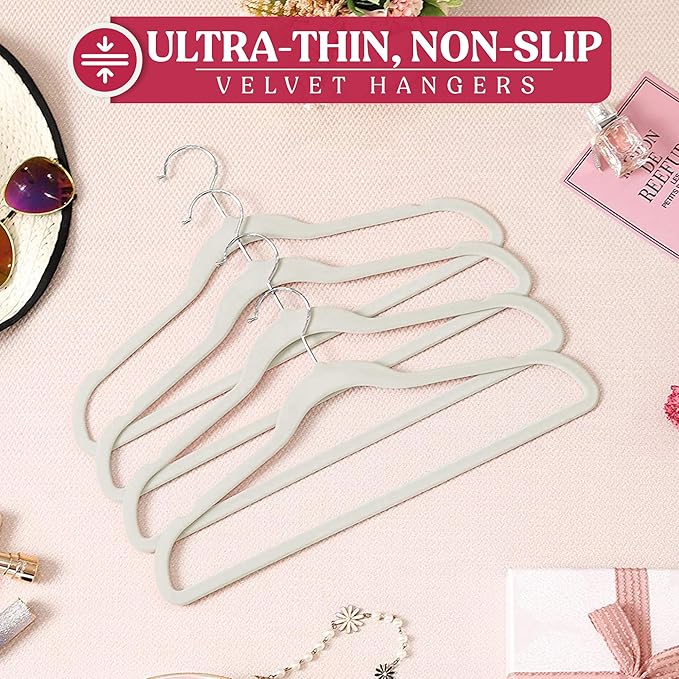 LDC White Velvet Hangers 50 Pack - Premium Non-Slip Clothes Coat Pants Felt Hanger for Closet - Heavy Duty Space Saving 360° Swivel Hook Hangars - White