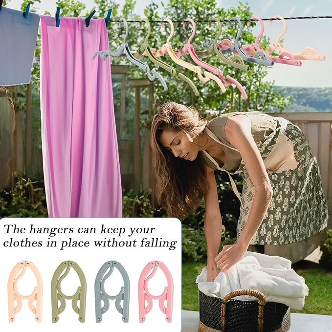20 Pcs Travel Hangers Foldable Hangers, Portable Folding Clothes Hanger, Lightweight Folding Hanger Travel Accessories for Home School, 4 Colors with Clothesline