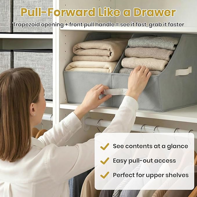 Trapezoid Storage Bin - UPGRADED Closet Organizers And Storage With Leather Handles & Adjustable Dividers, Fabric Collapsible Storage Bins For Clothes Storage & Shelf Organizer (3pcs, Small, Ivory)