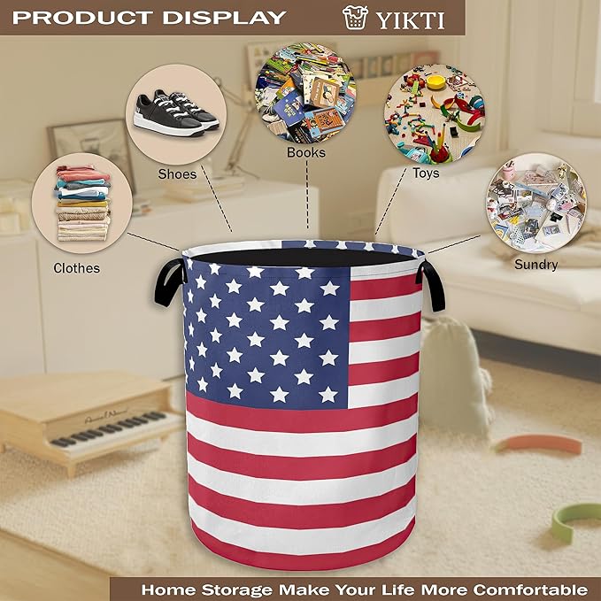 Collapsible Laundry Basket,American Flag Dirty Clothes Hamper,Memory Day Hampers for Bedroom Waterproof Oxford Cloth Storage Organizer for Bathroom,Nursery,Dorm,16x20 Inch