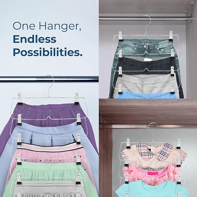 USTECH 6 Tier Skirt Hangers Closet Space Saver with Clips for Pants, Shorts, Skirts, Leggings - 3 Pack