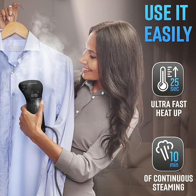 Steamer for Clothes for Europe 220V, Handheld Portable Travel Garment Steamer, Metal Steam Head, 25s Heat Up, Pump System, Mini Size, Hand Held Steamer for Any Fabrics, Black