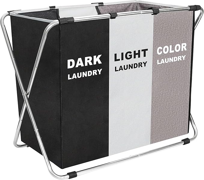150L Laundry Cloth Hamper Sorter Basket Bin Foldable 3 Sections with stainless steel Frame Washing Storage Dirty Clothes Bag for Bathroom Bedroom Home Storage Basket (Black+Gray+Coffee)