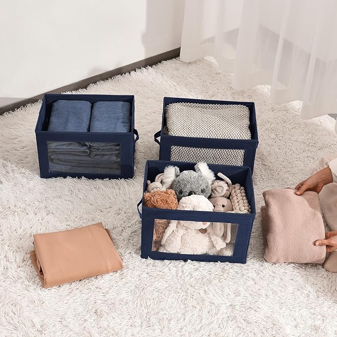 Foldable Storage Boxes with Clear Window - Clothes Organizers and Storage, Decorative Bins with Lid, Fabric Storage Cube, Storage Baskets for shelves, Yarn, Home, Navy blue, 3 Pack