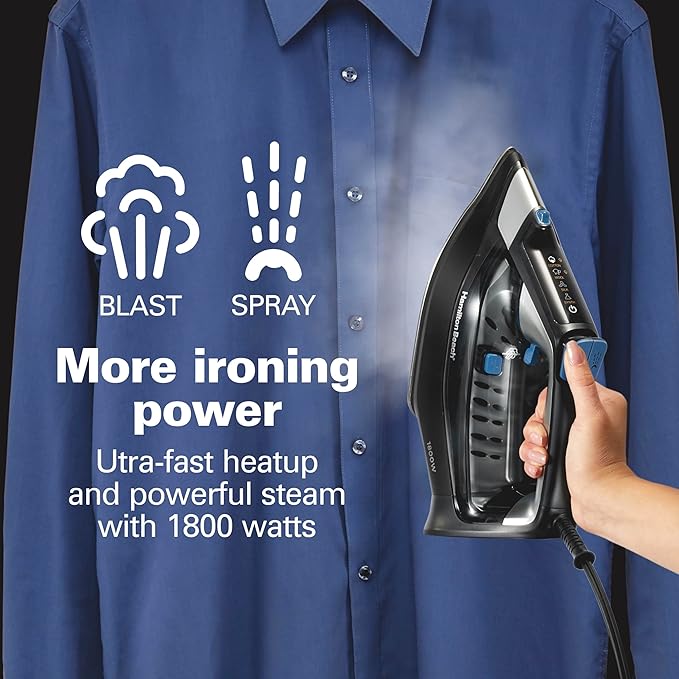 Hamilton Beach Steam Iron for Clothes & Garment Steamer with Intuitive FabricIQ Touchpad, Durable Stainless Steel Soleplate, 3-Way Auto Shutoff, 1800 Watts, 350ml Water Tank, 10' Cord, Black (14950)