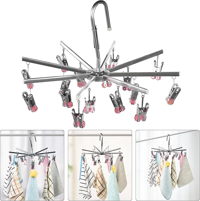 Drying Hanger, Hanging Drying Rack, Drip Hanger Stainless Steel with 16 Pegs for Laundry Underwear Socks, Quickly Remove Clothes from Hanger, Windproof, Folding Portable, (Red)