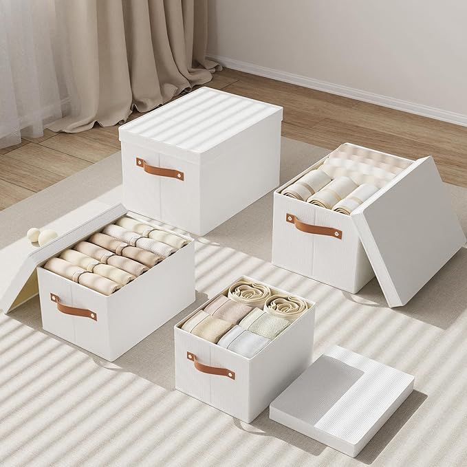 Fabric Storage Box with Lid, Foldable Storage Bin for Shelves, Decorative Closet Organizer with Handles, White, 15 x 9.8 x 8.3 Inch,1-Pack