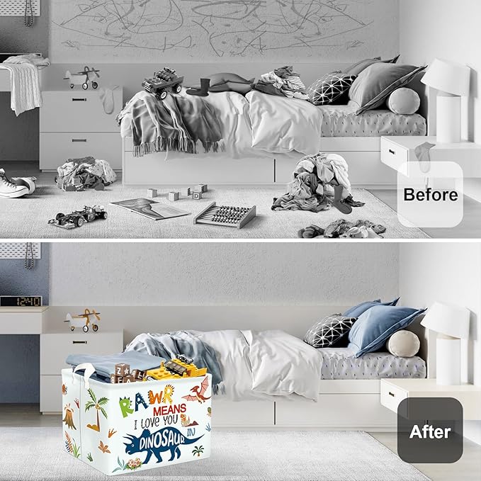Dinosaur Laundry Hamper Large Storage Basket Cartoon Dino Collapsible Parents Organizer Kids Toy Clothes Bins for Bedroom, Bathroom, Boho Words, 36L