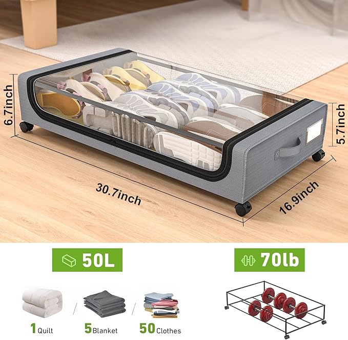APSARAS USA Underbed Storage with Wheels, Under Bed Storage Containers with Clear Window, Rolling Drawers & Bins for Shoes Clothes in Dorm Bedroom, Easy Pull-out Black 2-Pack- Space-Saving