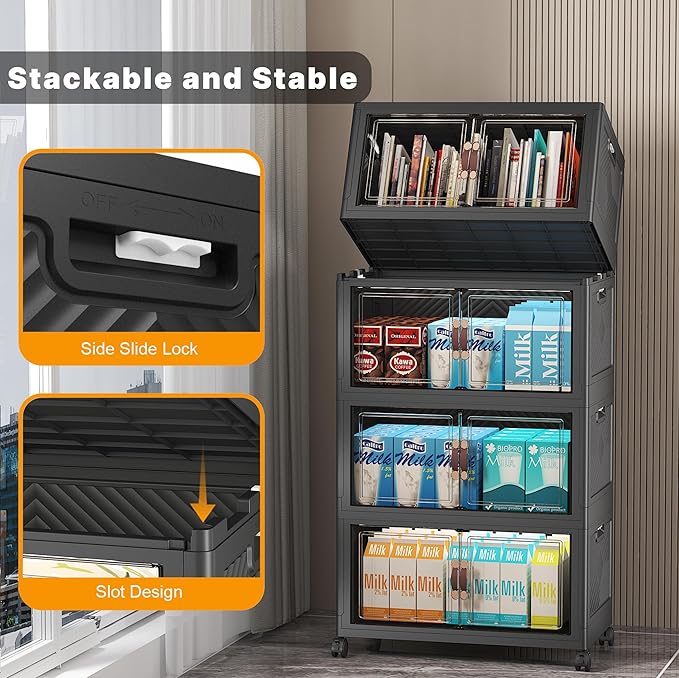 Extra Large Stackable Storage Bins with Lids & Wheels & Door,Foldable Collapsible Closet Organizers, Plastic containers drawers for bedroom Dorm (Dark-55qt, 8Pack with 2 top lids)