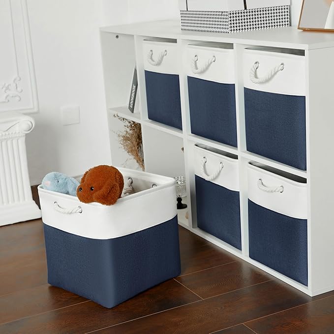 Cube Storage Bins, Collapsible Fabric Storage Cubes Bins, 11 Inch Cube Storage Bins with Handles, Foldable Storage Cubes (White/Navy, 6Pack)