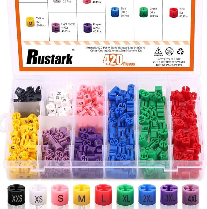 420 Pcs 9 Sizes Hanger Size Markers Color-Coding Garment Size Markers Kit XXS-4XL Clothing Hangers Color Coded Size Clips Set with Storage Box (Multi Colors, XXS - 4XL)