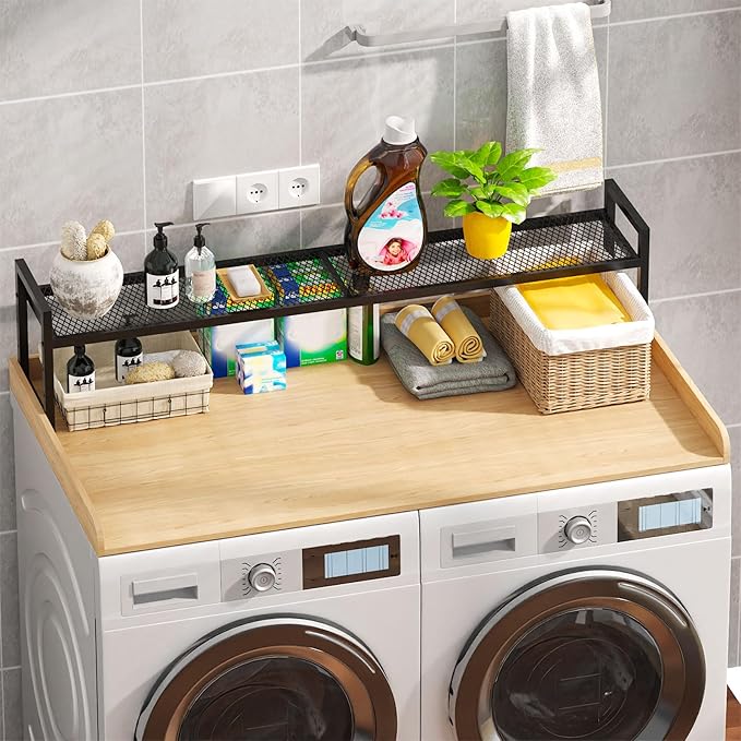 Washer Dryer Countertop with Shelf, 54" x 27.5" Wooden Washer and Dryer Topper, Laundry Countertop with Anti-Slip Pads, Washer Dryer Topper for Laundry Room Organization and Storage (Light Wood)