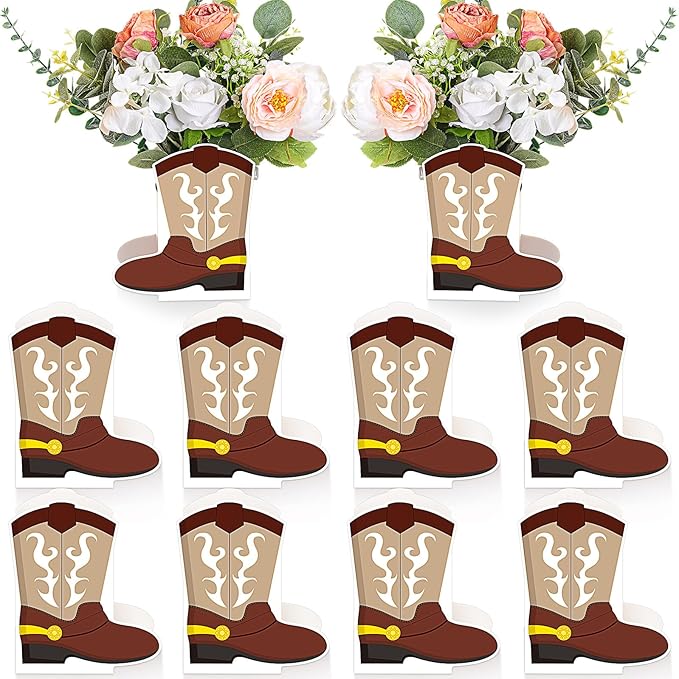 8 Set Western Cowboy Boots Flower Boxes Centerpiece Boot Shape Gift Boxes Western Party Decoration Vase Centerpieces for Table Rodeo Birthday Baby Shower Wedding Supplies(Brown)