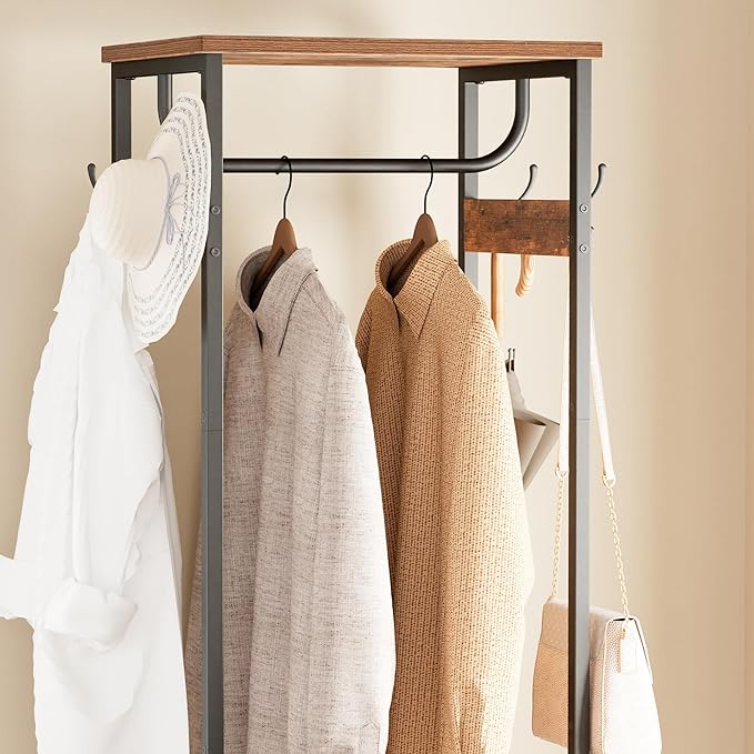 Coat Rack With Hanging Rod, Garment Rack With 3 Wooden Shelves and 4 Hooks, Freestanding Hall Tree, Industrial Clothes Rack Stand Organizer, Rustic Brown and Black