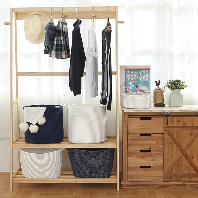 Sea Team Medium Size Cotton Rope Woven Storage Basket with Handles, Laundry Hamper, Trunk Organizer, Clothes Toys Bin for Kid's Room, 14 x 14 inches, Round Open Design, Dark Blue