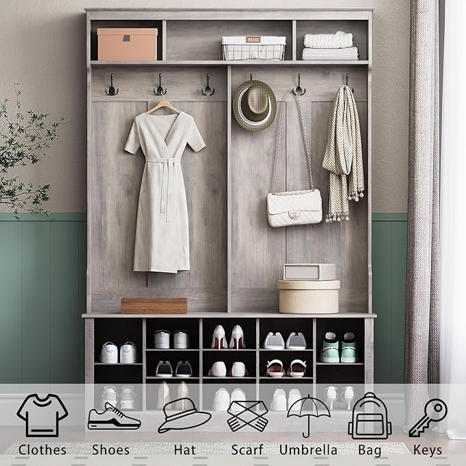Hall Tree with Bench and Shoe Storage, 53" Farmhouse 4-in-1 Mudroom Storage Organizer with Coat Rack, 6 Hooks, 12 Shoe Cubbies, Adjustable Shelf, for Entryway, Hallway, Living Room, Grey