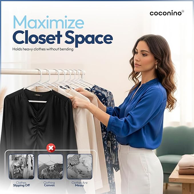 coconino Plastic Hangers 20 Pack - Non-Slip Clothes Hangers with Built-in Hooks - Heavy Duty Space Saving Coat Hangers for Closet - Durable Clothing Hanger for Shirts, Pants, Dress, Coats - White