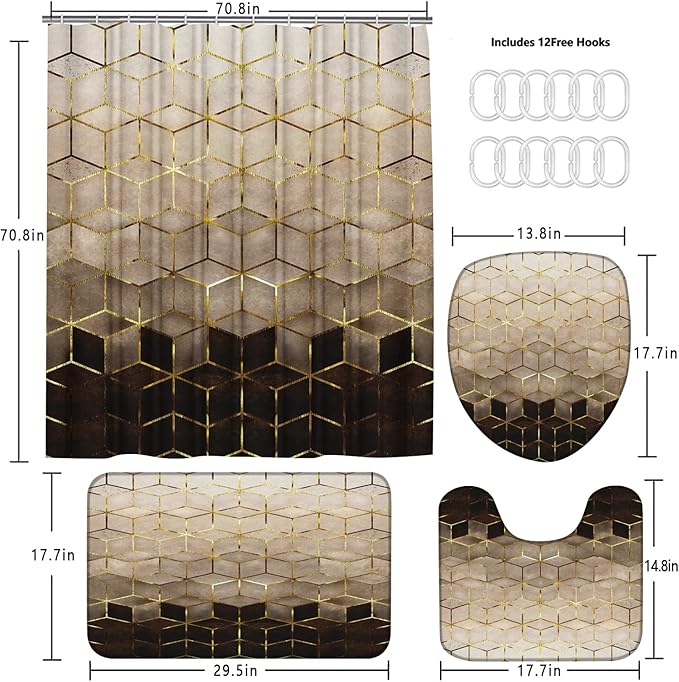 4Pcs Brown Gradient Shower Curtain Set, Modern Geometric Shower Curtain Set Golden Cubic Lines Bathroom Set Texture Art Bath Accessories with Mats