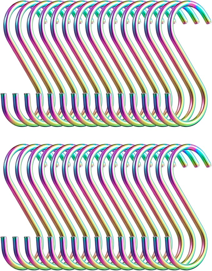 Evanda Rainbow S Hooks for Hanging Pack of 30, Heavy Duty Stainless Steel Titainium Plating Metal Mutil Purpose Hanger for Kitchen Pans, Pots, Utensils Tooks, Cups, Mugs, Clothes, Bags, Towels, Plants